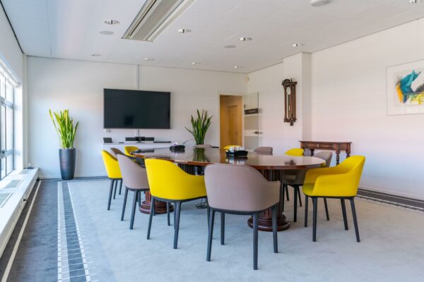 Moderne vergaderruimte aan de Van Alkemadelaan met ovale tafel, kleurrijke stoelen, grote flatscreen en kamerplanten.